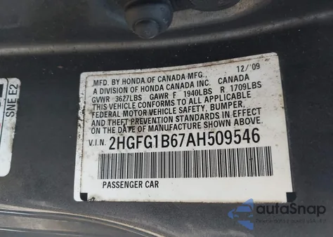 2010 Honda Civic Lx z USA, uszkodzony, nr VIN 2HGFG1B67AH509546